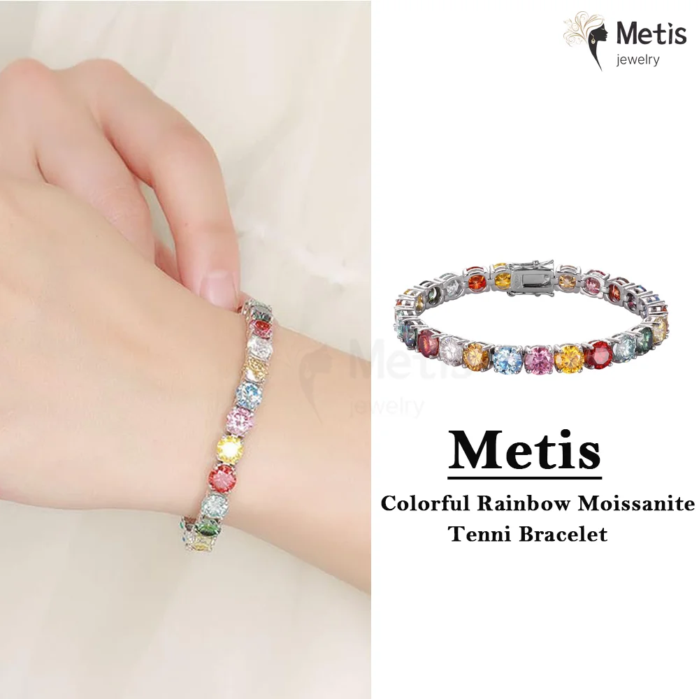 Colorful Rainbow Moissanite Tenni Bracelet for Women Bracelet 18K Gold Plated 925 Sterling Silver Diamond Tenni Chain Jewelry
