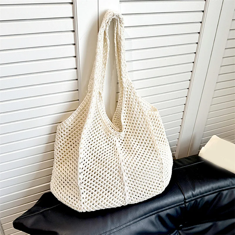 Sac Fourre-Tout En Crochet Pour Femme - Grand Sac Plage En Maille Tricotée Léger Et Élégant, Grande Capacité 38x62 Cm