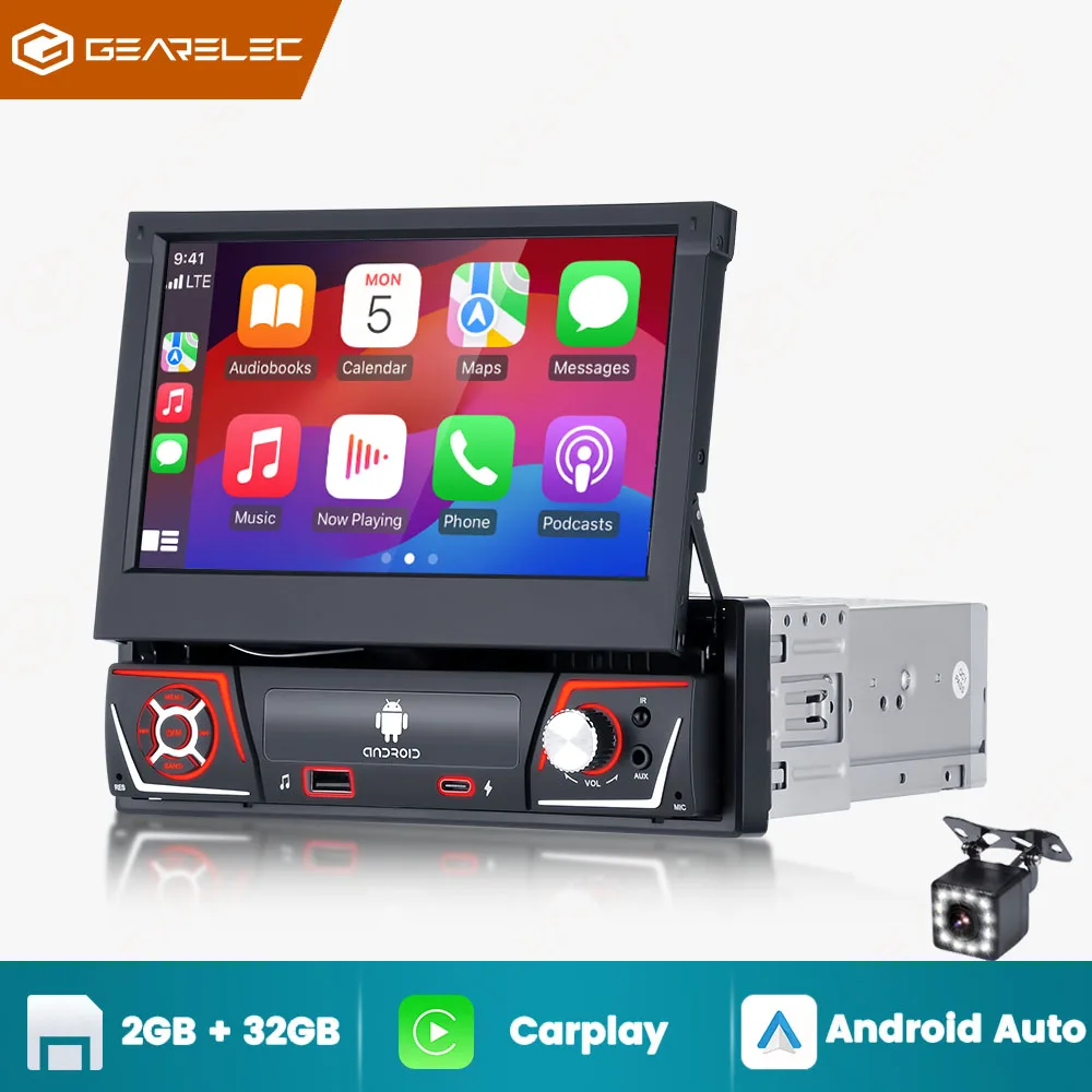 1 Din Car Stereo Android 12 Audio Radio Bluetooth 1 Din 7 "Hd Retrattile Carplay Android Auto Multimedia Player Gps Wifi Navi