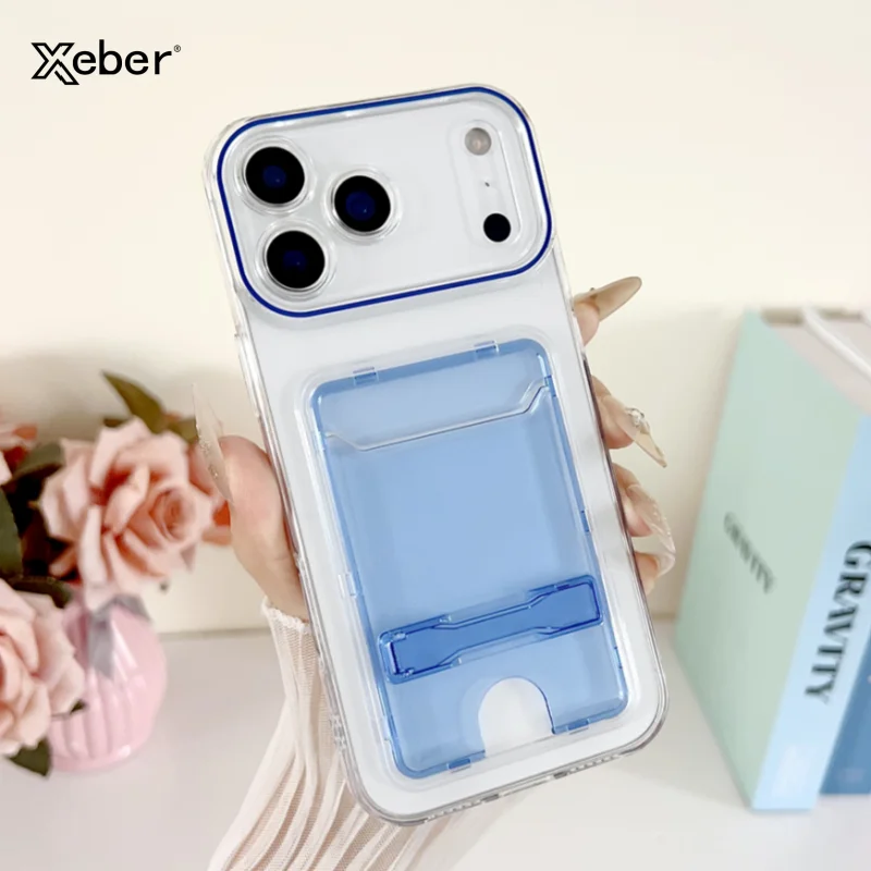 Transparent Card Holder Wallet Case with Folding Stand and Candy Color Finish