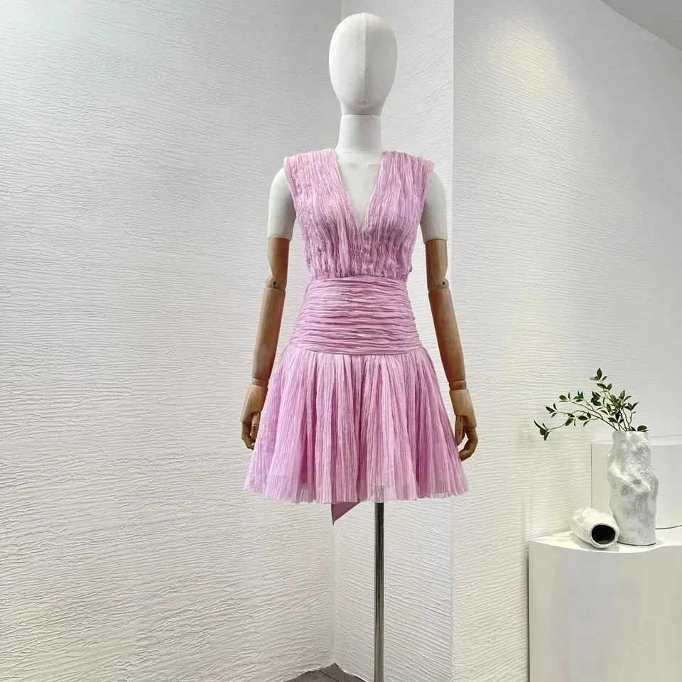 

New Arrival Pink Ruched Pleat Backless Cross Self Bow Tie Pleats V-neck Sexy Sleeveless Women Sweet Mini Dress