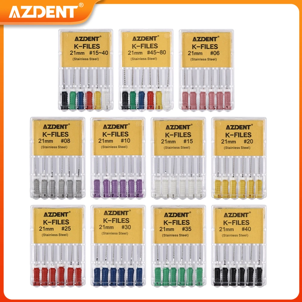 AZDENT 6pcs/box zubní endo k-files ruka použít kořen průplav akta nerez ocel 21mm & 25mm 06#-40# stomatologie nářadí měřici zařízení