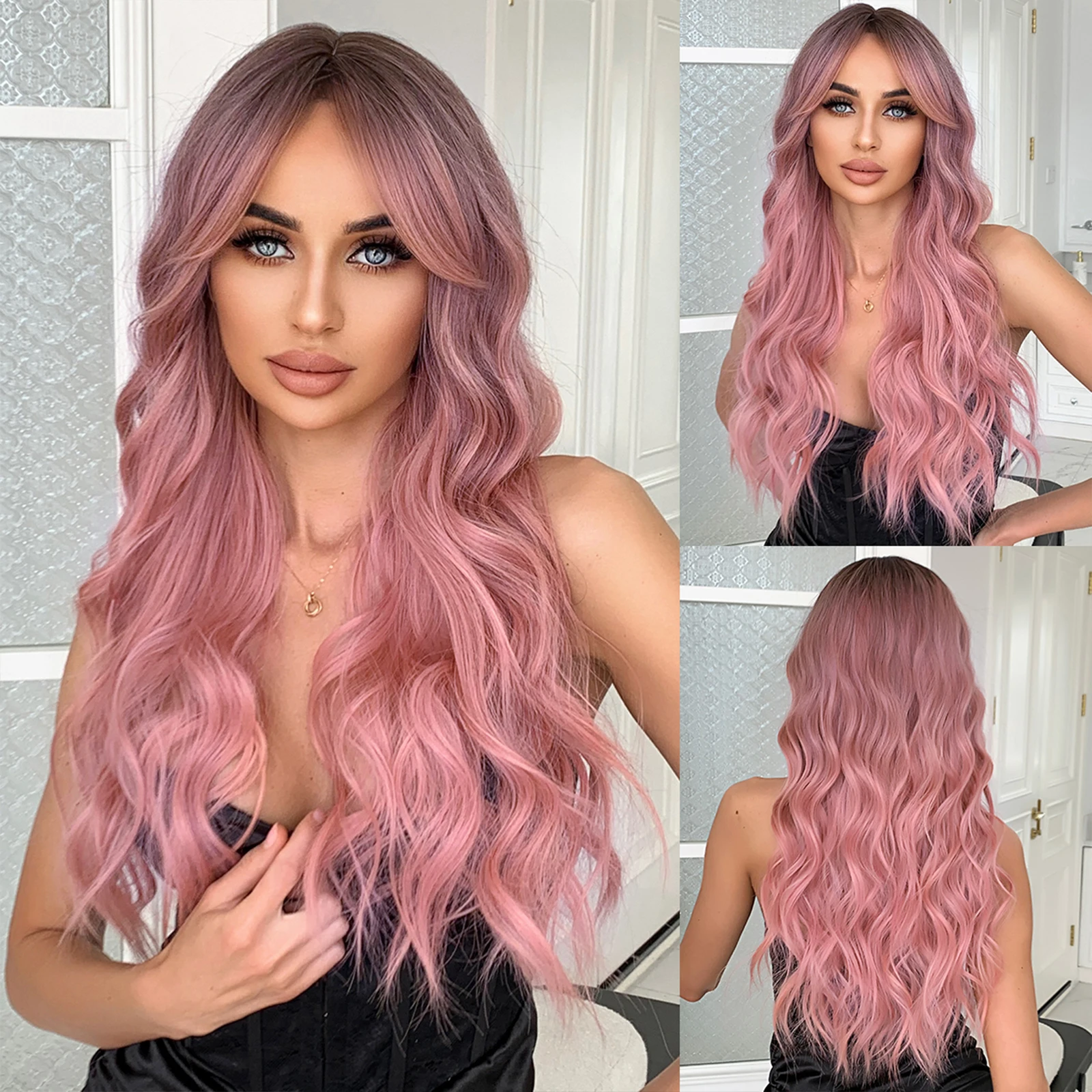 Pink Ombre Long Curly Wig with Bangs Synthetic Cosplay Wave