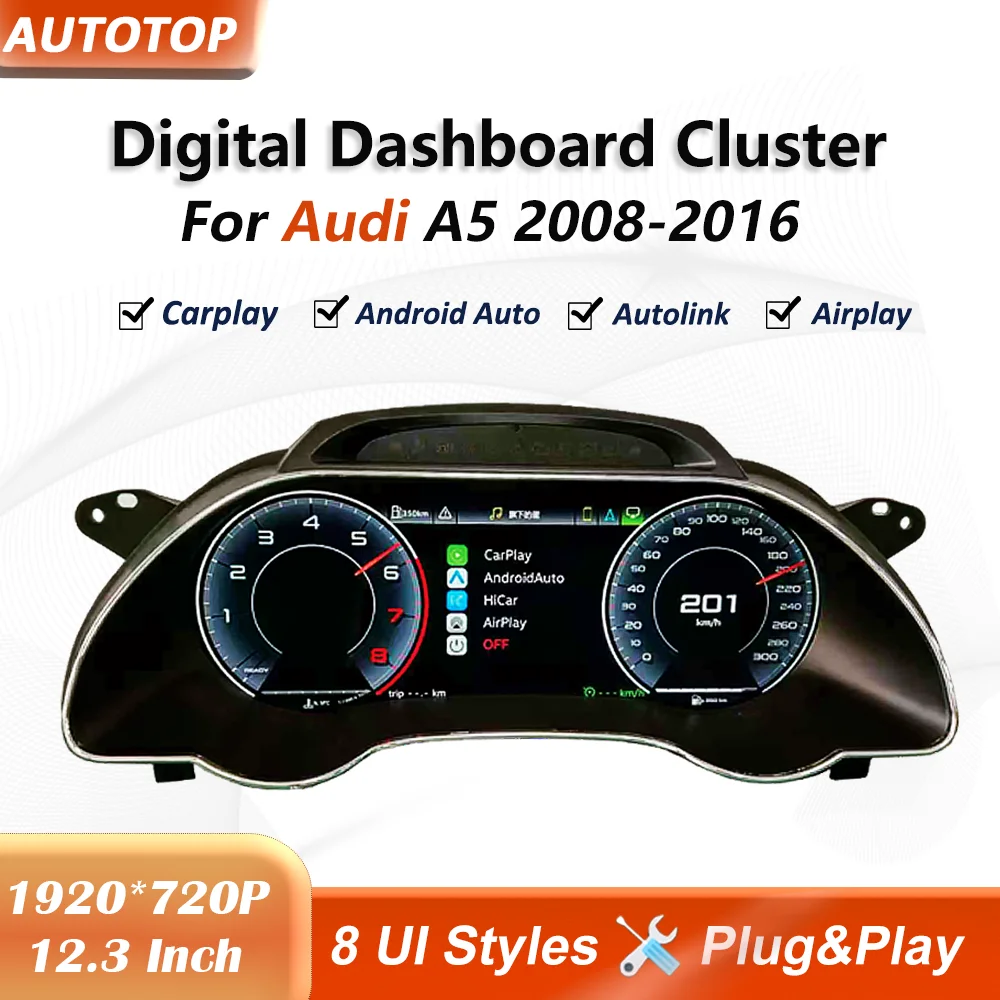 Panel de instrumentos digital Linux de 12.3 pulgadas para Audi A5 S5 RS5 2008-2016, velocímetro, cabina virtual, CarPlay, Android Auto. 1