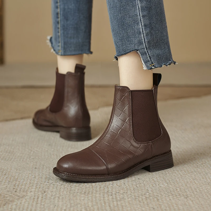 

Женские ботильоны из натуральной кожи, ботинки челси из воловьей и свиной шкуры с тиснением в клетку, размер 22-25 см, Осень-зима 2023