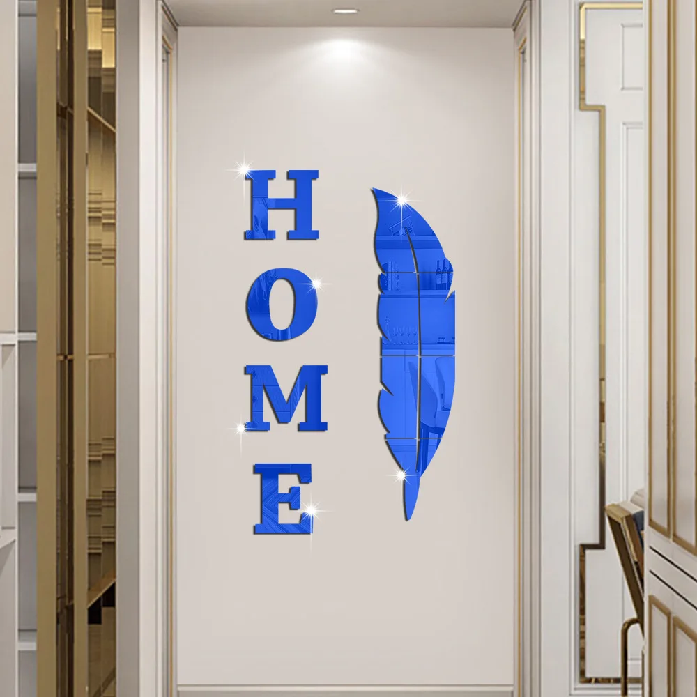 3D English Letter Feather Mirror Paste Decoration Room Porch Living Room Background Wall Mirrors Modern Home Decoration mirror wall sticker