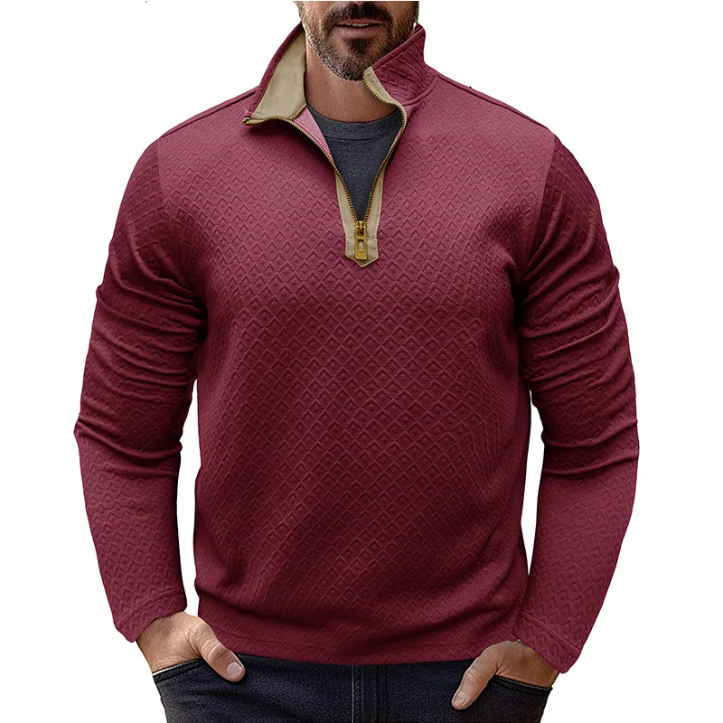 Stilvolle Herren-Langarm-T-Shirts mit halbem Reißverschluss, Henley-Kragen, Rautenmuster, trendig, dunkelgrau, lässig, Outdoor-Kleidung – Detail 17