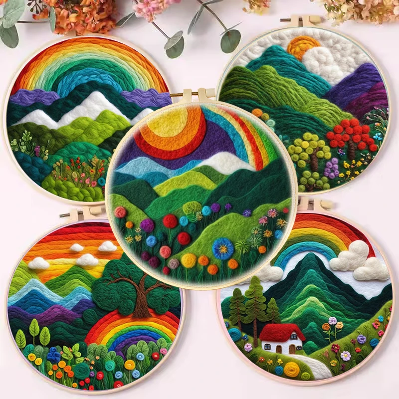 CHENISTORY Wool Needle Felting Painting Rainbow Green Hill Landscape Handicraft Needle Felting Painting Kits Home Decor