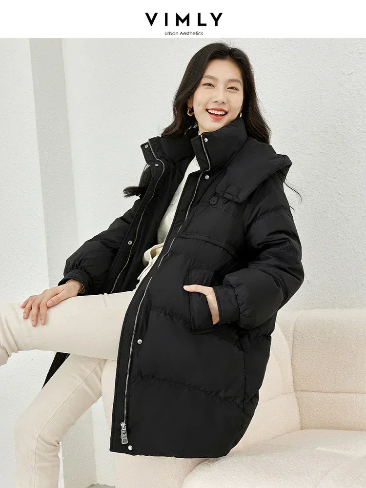 Vimly Black Long Down Jackets for Women 2023 Hooded Zipper Stand Collar Windproof Warm Women's Winter Coat Female Clothes 50612