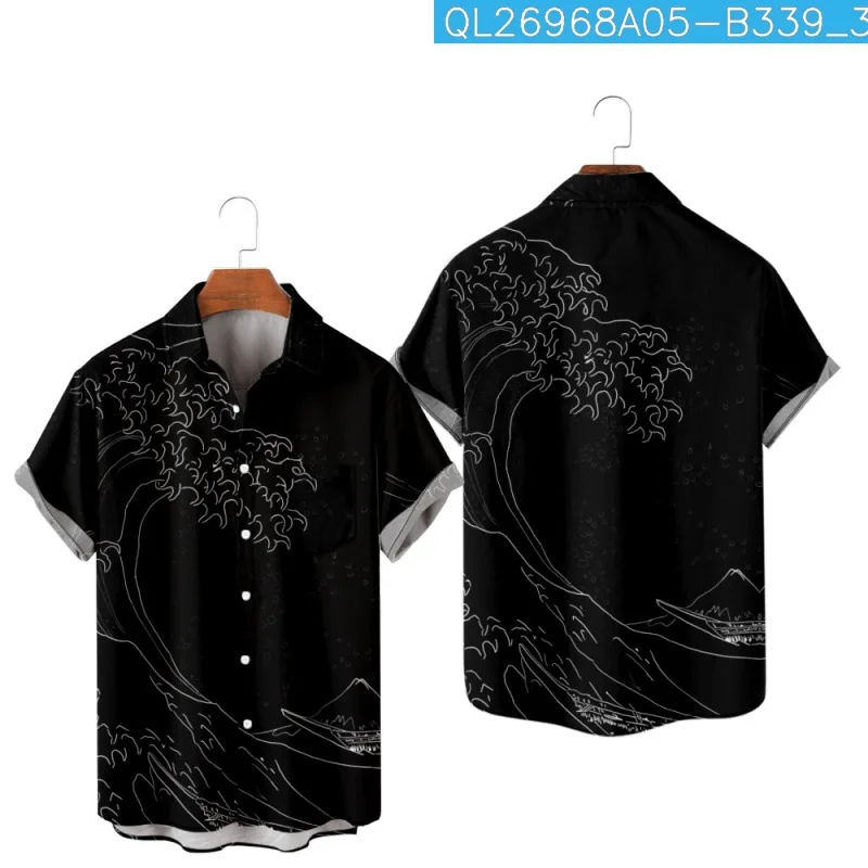 

Fashion Wave Printed Black Short Sleeve Shirt Hawaiian Beach Couple Women Men Casual Vintage Blouse Clothing Streetwear