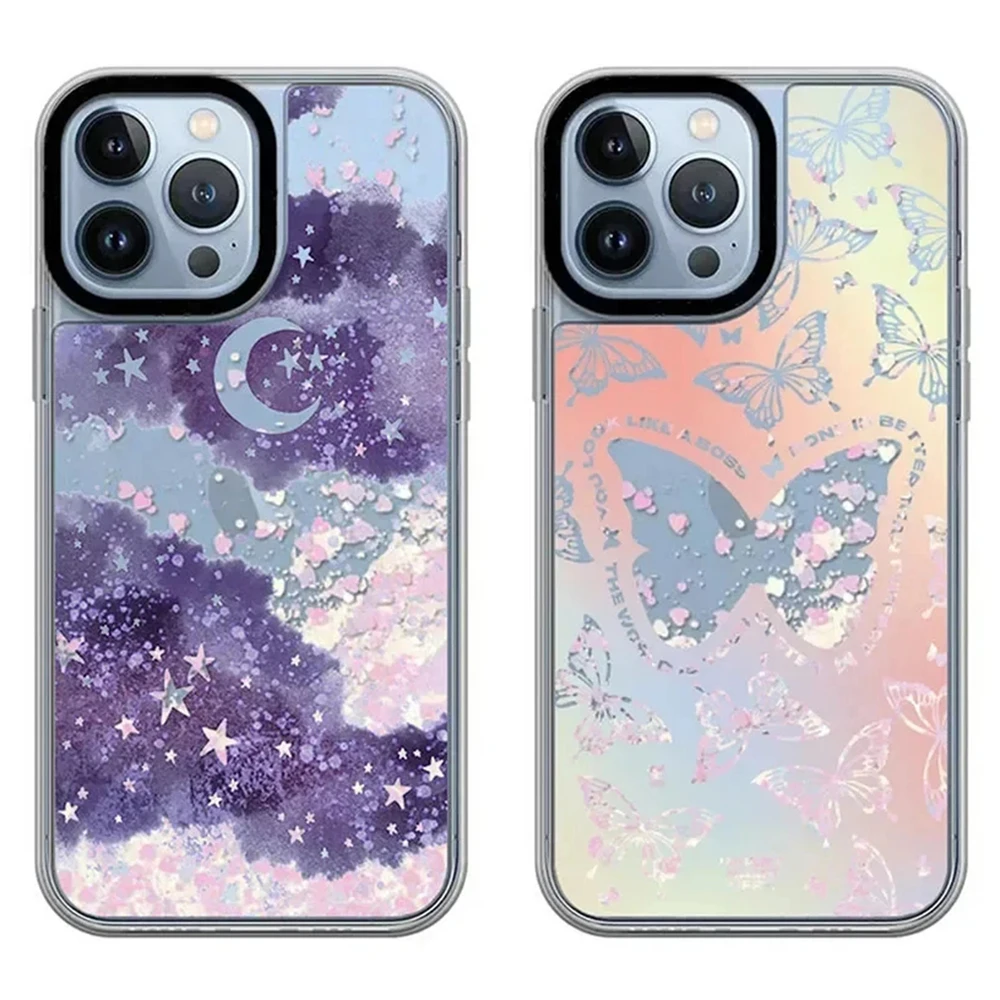 

Transparent Border Quicksand Butterfly Purple Cloud Pattern iPhone 12 13 14 15 Pro Max Protective Case