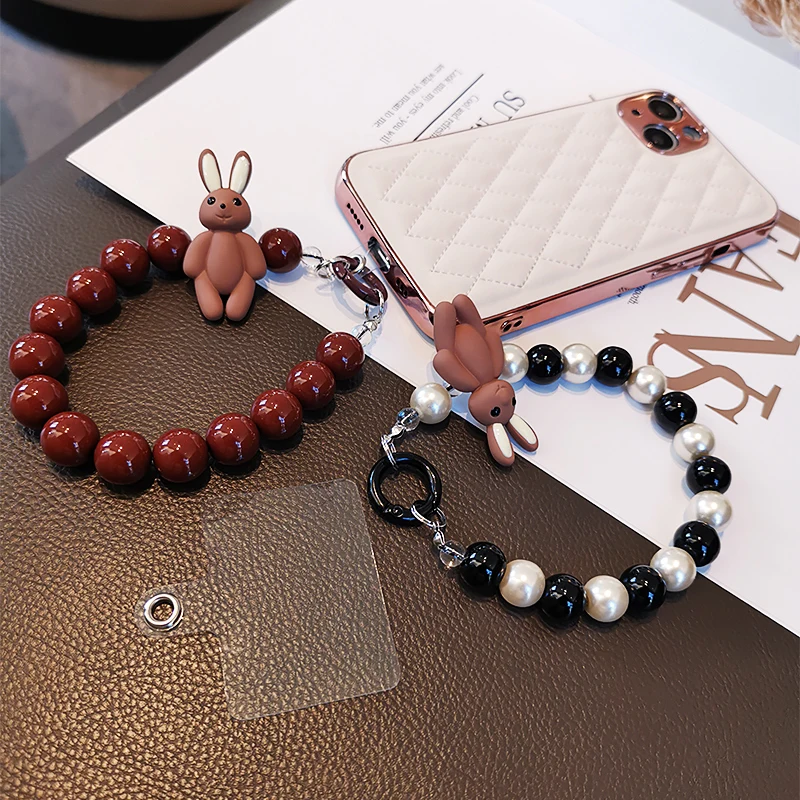 Mobile Phone Lanyard Short Hand-beaded Wrist Bunny Pendant Female Model Hand-held Chain Bead Pendant Phone Anti-lost