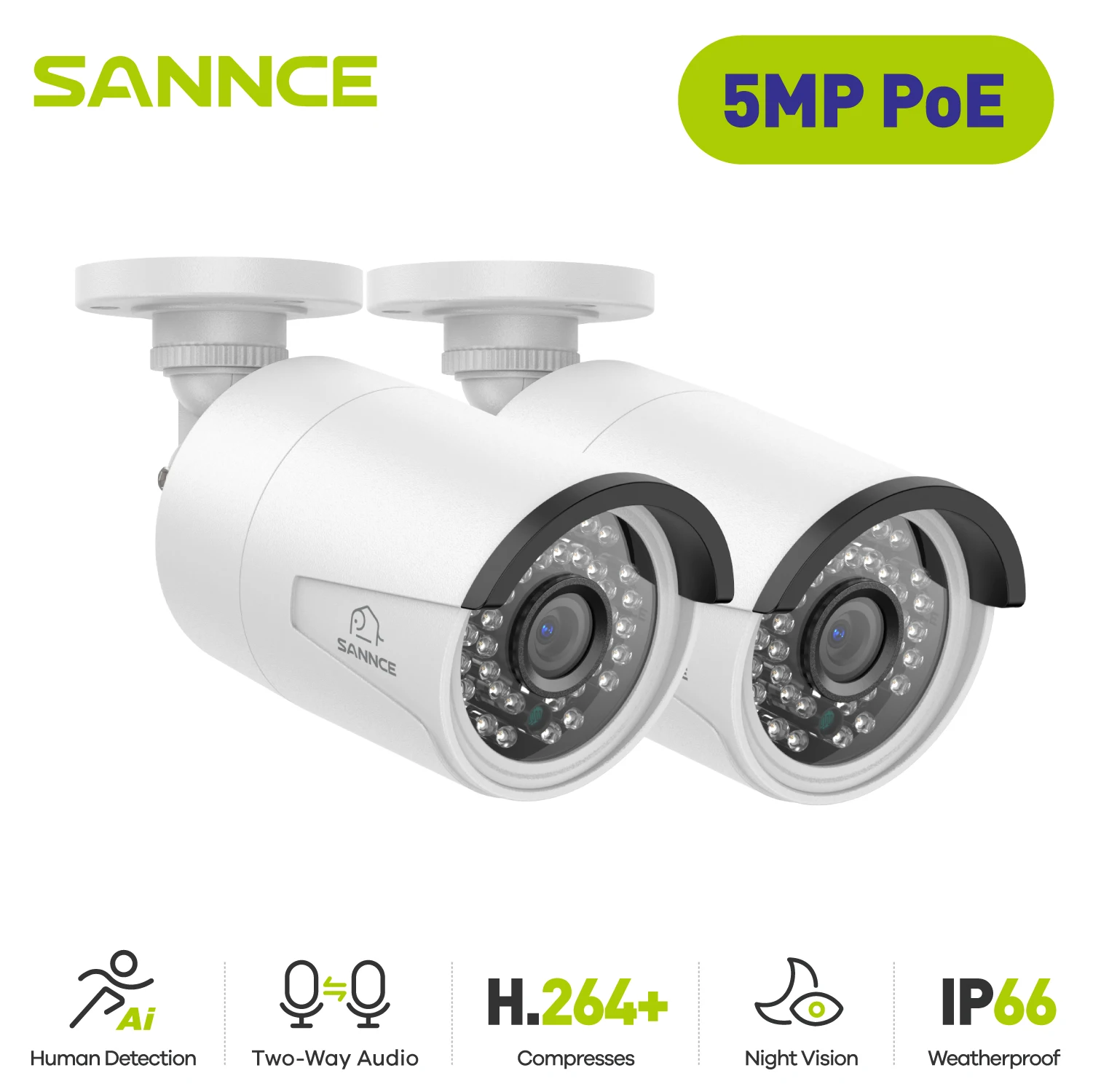 Sannce 2Pcs Ultra Hd 5Mp Poe Camera Outdoor Indoor Weatherproof Security Network Bullet Exir Night Vision Kit Telecamera Di Avviso E-Mail