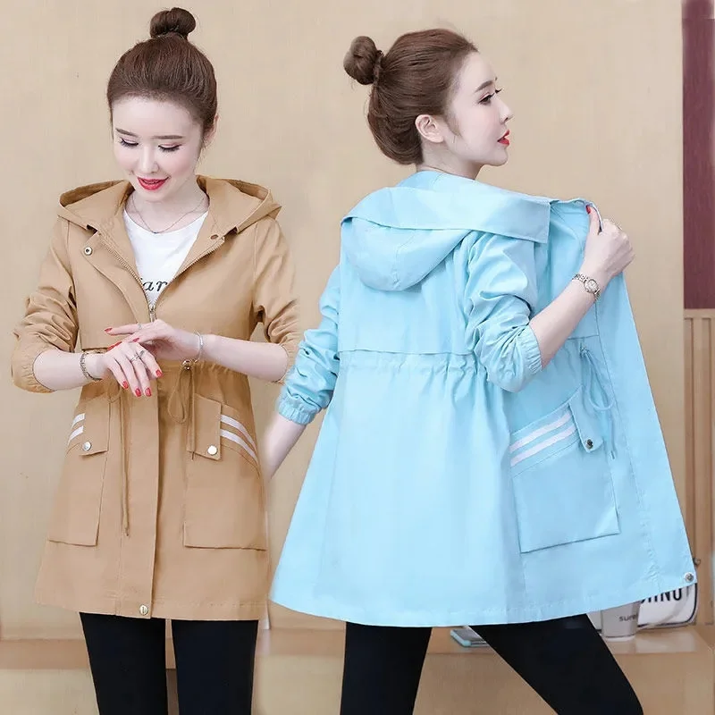 

Coat Women Spring Autumn 2023 New Large Size Hooded Windbreaker Female Long Korean Jacket Casual Waist Outerwear Ladies Tide Top
