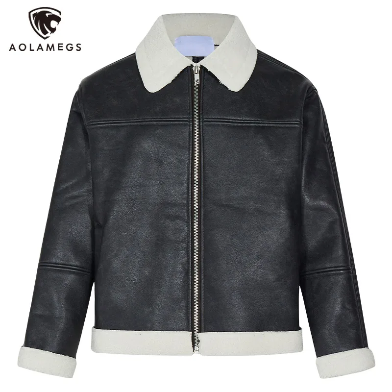 

Men Leather Jacket Lambswool Collar Fleece Thicken Top Retro Locomotive Long Sleeve Zippers Coats Winter Outwear Unisex