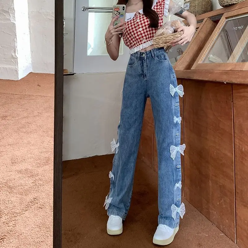 Jeans Bow High Waist Large Size Women Baggy Jeans Wide Leg Trousers Teens Korean Fashion Casual Pants Streetwear Sweet Jeans