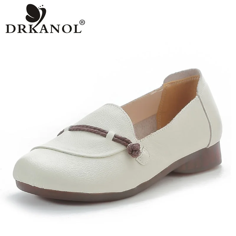 DRKANOL Fashion Shallow Slip-On Loafers Women Flat Shoes Spring Summer Hollow Genuine Leather Soft Bottom Casual Mother Shoes women shoes