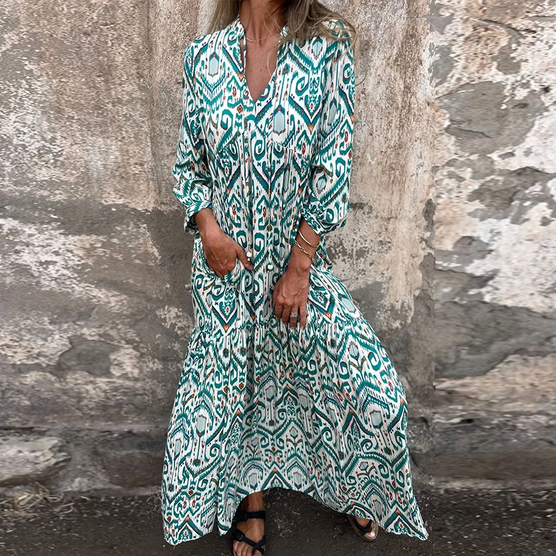 

Bohemian V Neck Lace-up Long Party Dress Women 2024 Spring Pattern Print Vintage Maxi Dress Autumn Long Sleeve Loose Beach Dress