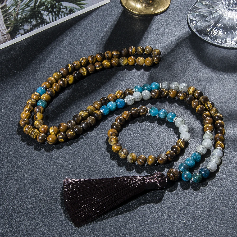 

8mm Tiger Eye Apatite Labradorite Beaded Mala Necklace Meditation Yoga Prayer Rosary 108 Japamala Jewelry Set for Men and Women