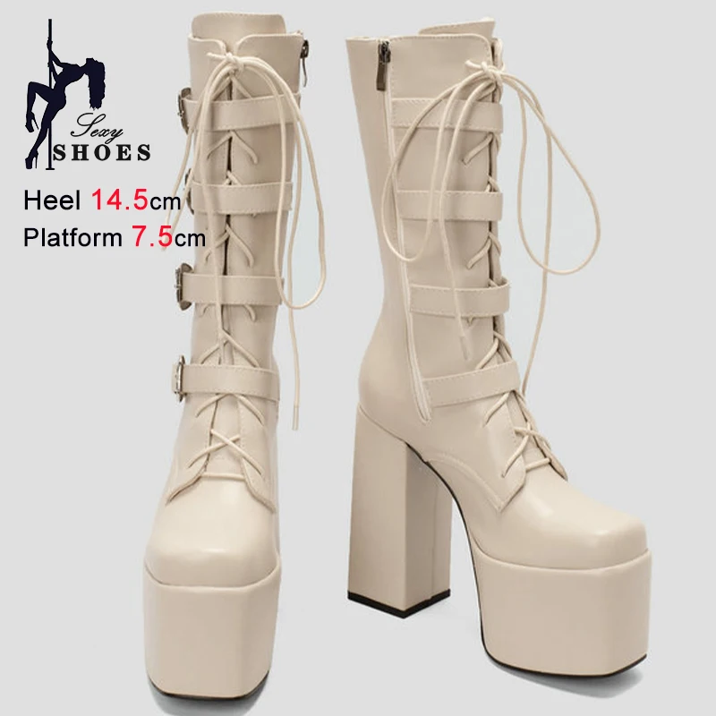Autumn Winter Black Women Mid-Calf Boots Lace Up Four Rows Buckle Zipper Round Toe Thick Heels 14.5cm Platform 7.5cm Dance Boots