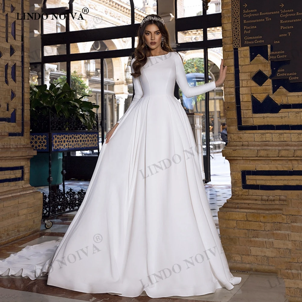 

LINDO NOIVA vestidos para mujer Caftan Princess Satin Wedding Dresses Long Sleeves Backless Elegant Bride Dress Vestido De Noiva