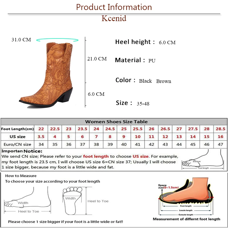 Kcenid Fashion Women Ankle Boots Flower Embroidery Chunky Heels Western Chelsea Boots Pointed Toe Plus Size Autumn Winter Shoes