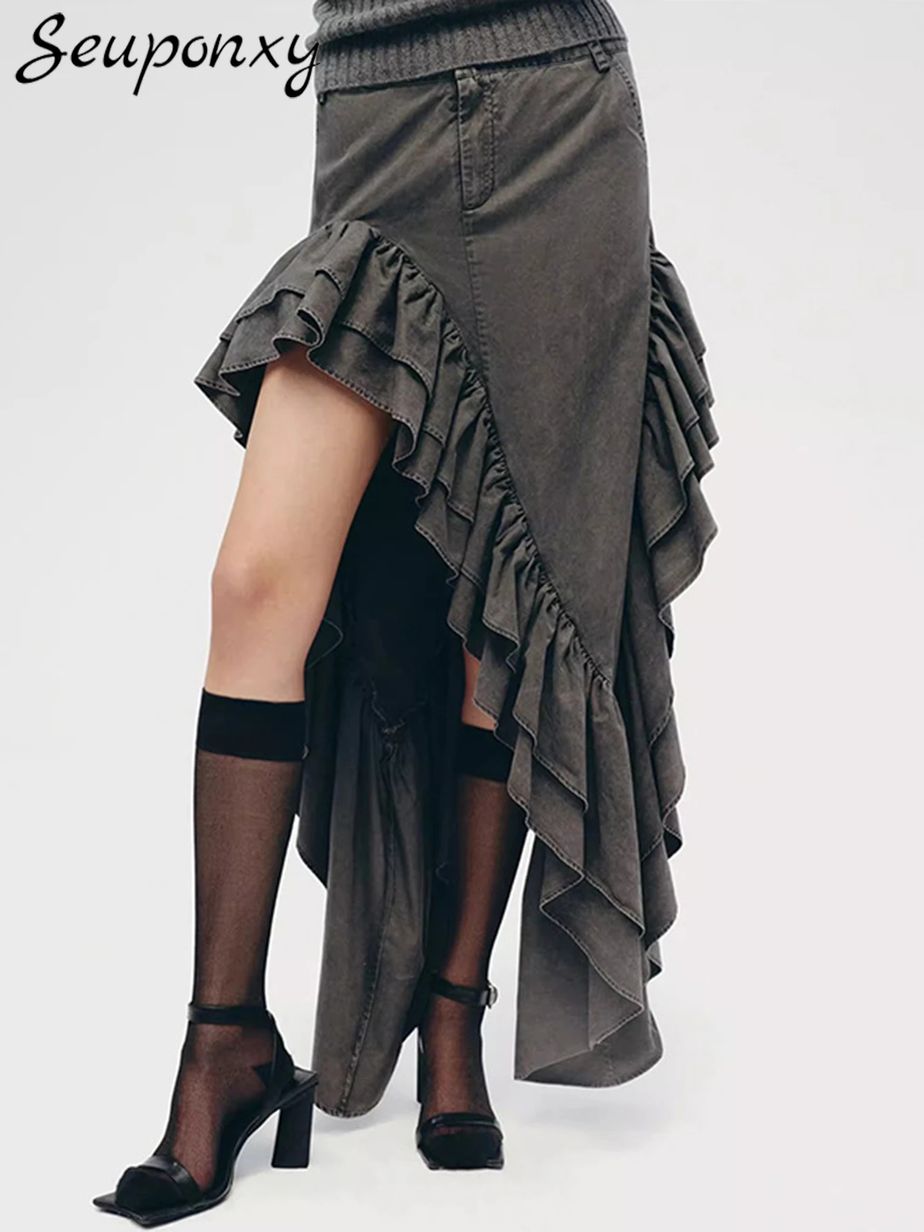 

Женская джинсовая юбка с оборками, плиссированная Асимметричная юбка с высокой талией, лето 2024