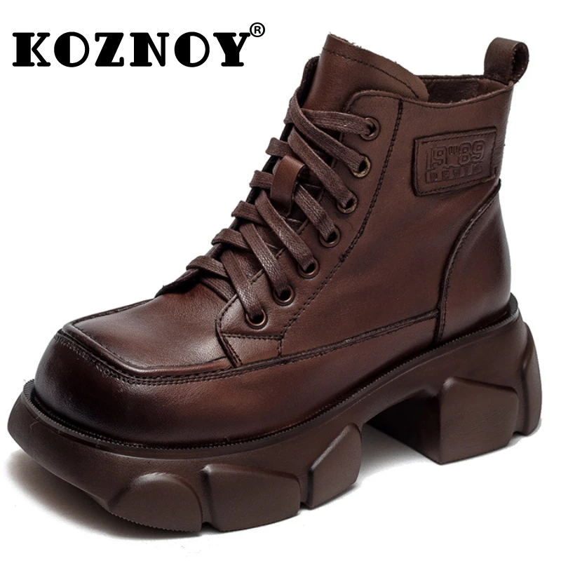 

Koznoy 6cm Cow Natural Genuine Leather Autumn British Moccasins PUNK Fashion ZIP Spring Women Ankle Boots Platform Wedge Shoes