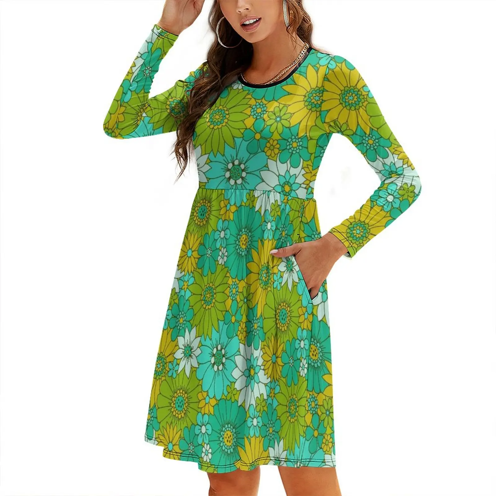 

Retro Daisy Floral - Lime Round Neck Baggy Dress clothes for women long sleeve dresses summer dress daily