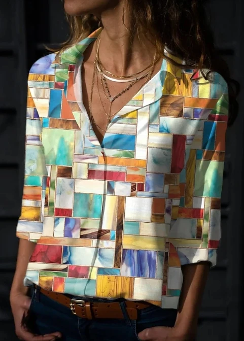 

Женская пляжная рубашка, Новинка весна-лето 2024, Повседневная Блузка с длинным рукавом и геометрическим рисунком для отпуска с 3D-принтом, топ с воротником