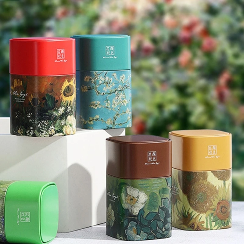 Oil Painting Metal Tea Canister for Loose Leaf Tea Coffee Herbs Storage B03E tea tin box tea canister