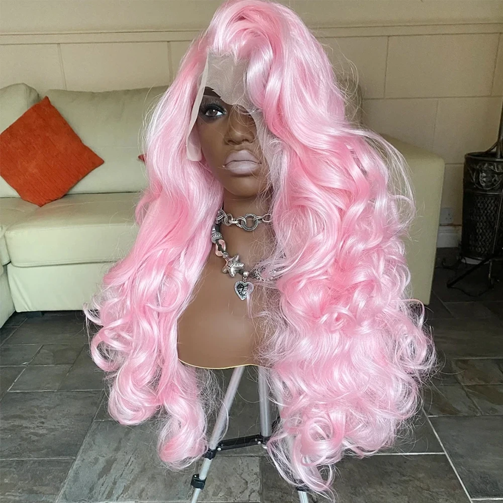 AIMEYA 13X4 Synthetic Lace Wigs for Women Pink Body Wave Wig Natural Hairline Heat Resistant Cosplay Synthetic Lace Front Wigs 1