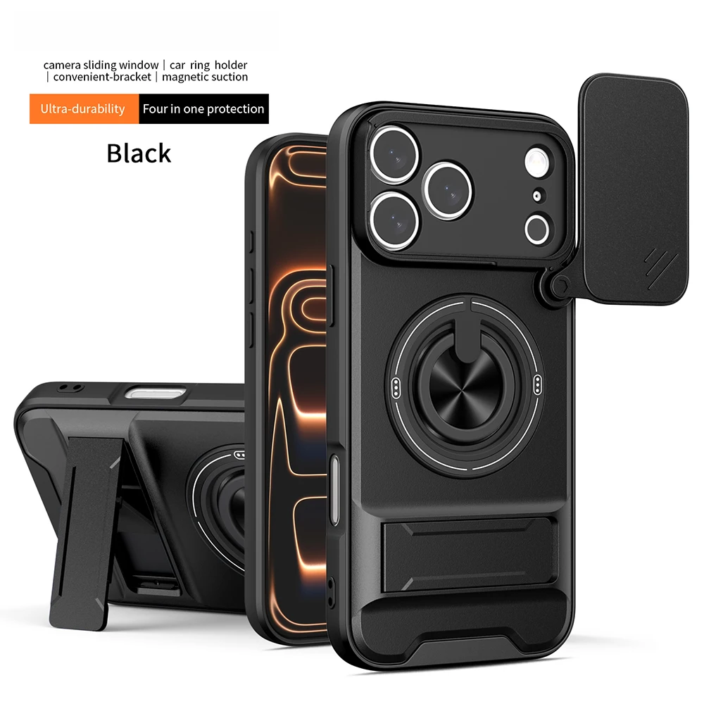 Armor Rugged Shockproof Magnetic Phone Case with Rotatable Ring Stand Cover and Camera Lens Protection