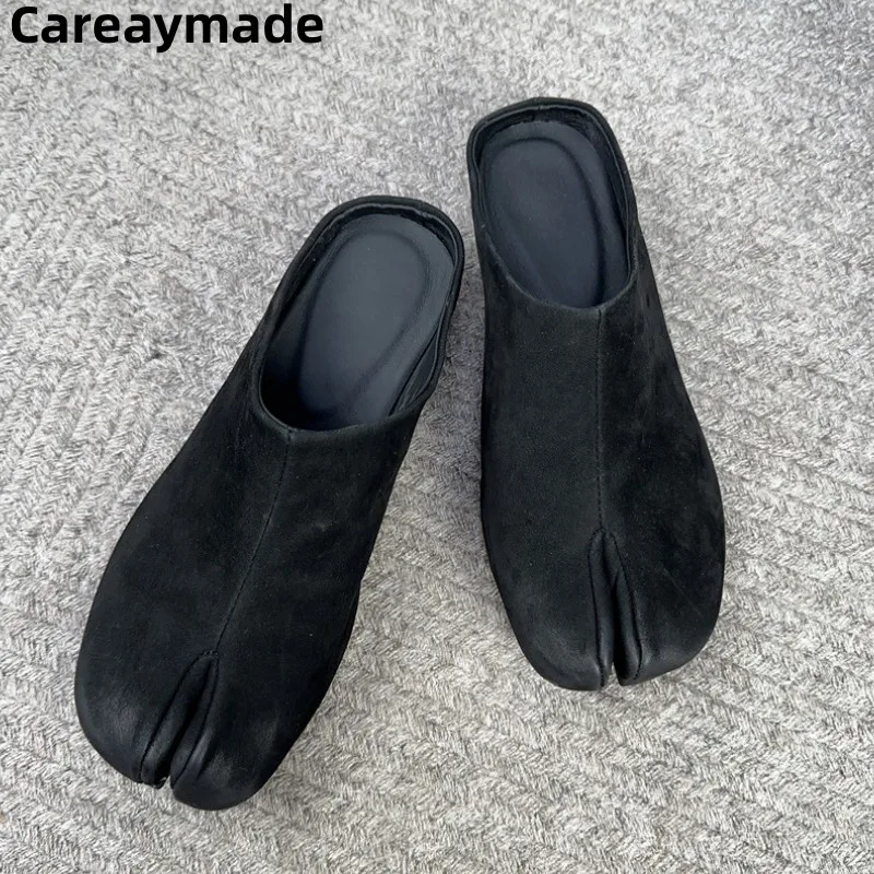 

Careaymade-Genuine leather Summer Split Toe Round Head Slippers Cowhide Casual Handmade Soft sole Flats Women's Slippers