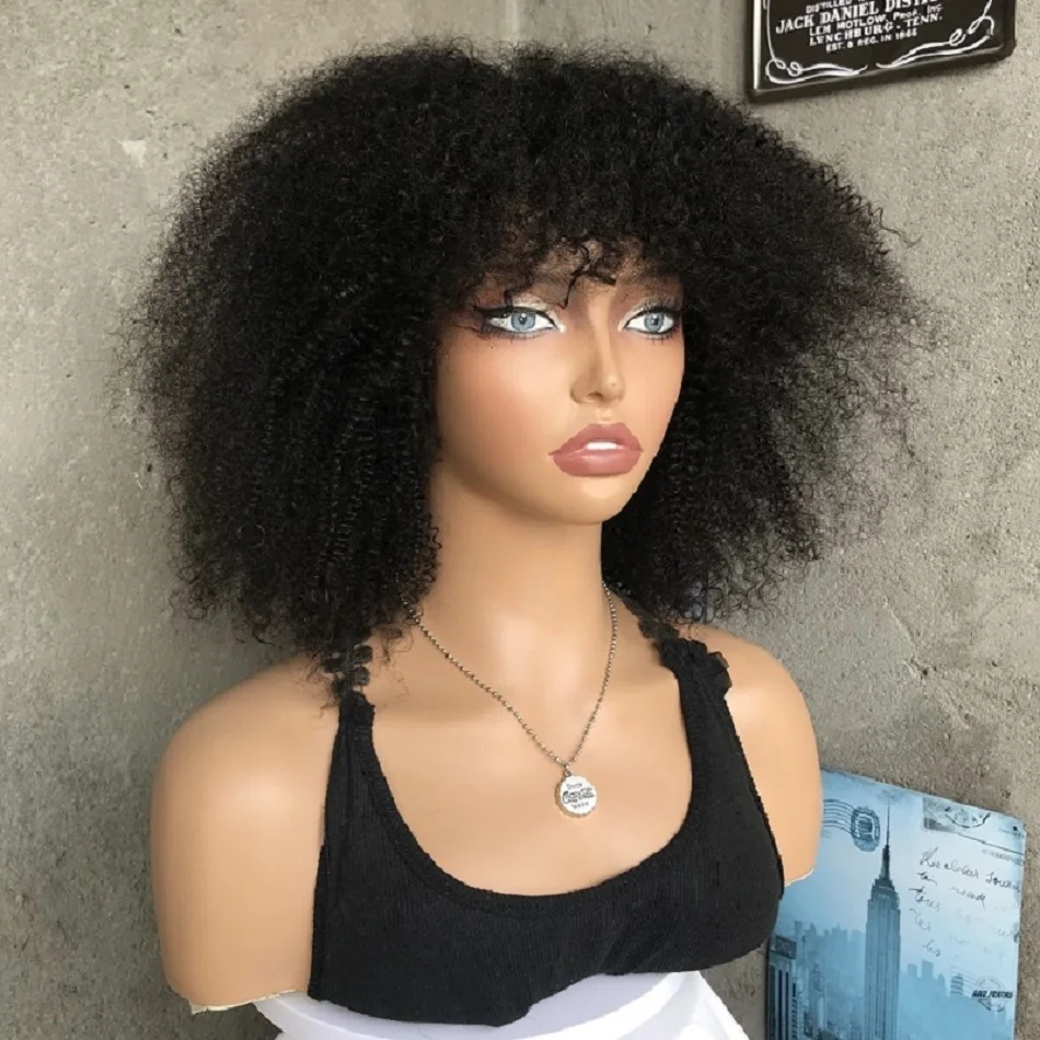 

Short Afro Kinky Curly Bob Wigs With Bangs Human Hair Full Machine Made Wig Remy Peruvian Raw Hair Wigs for American Black Women