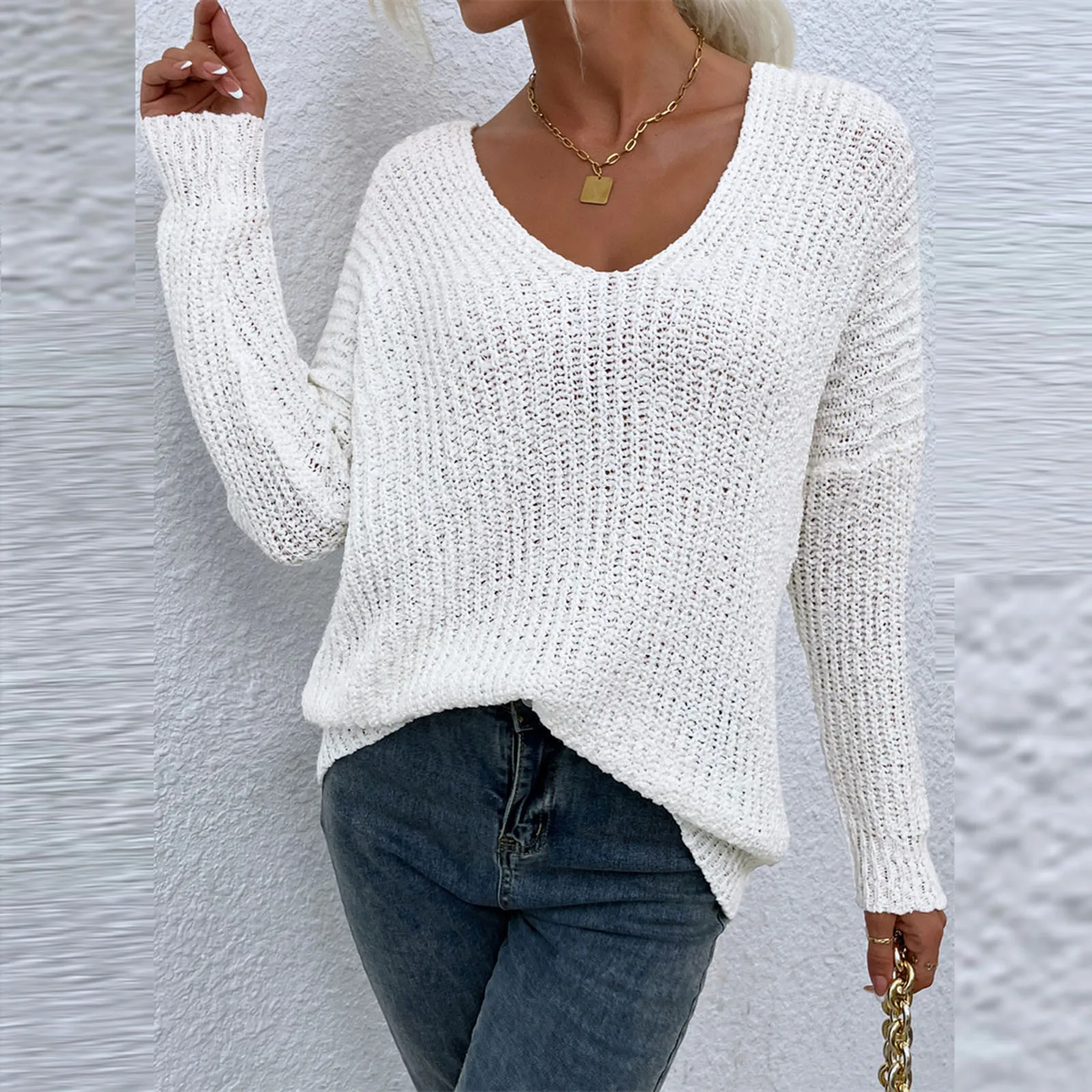 

Women's Oversize Sweater Knitted Autumn Winter V Neck Solid Color Thick Knit Pullover 2023 Long Sleeve Warm Sweaters for Women