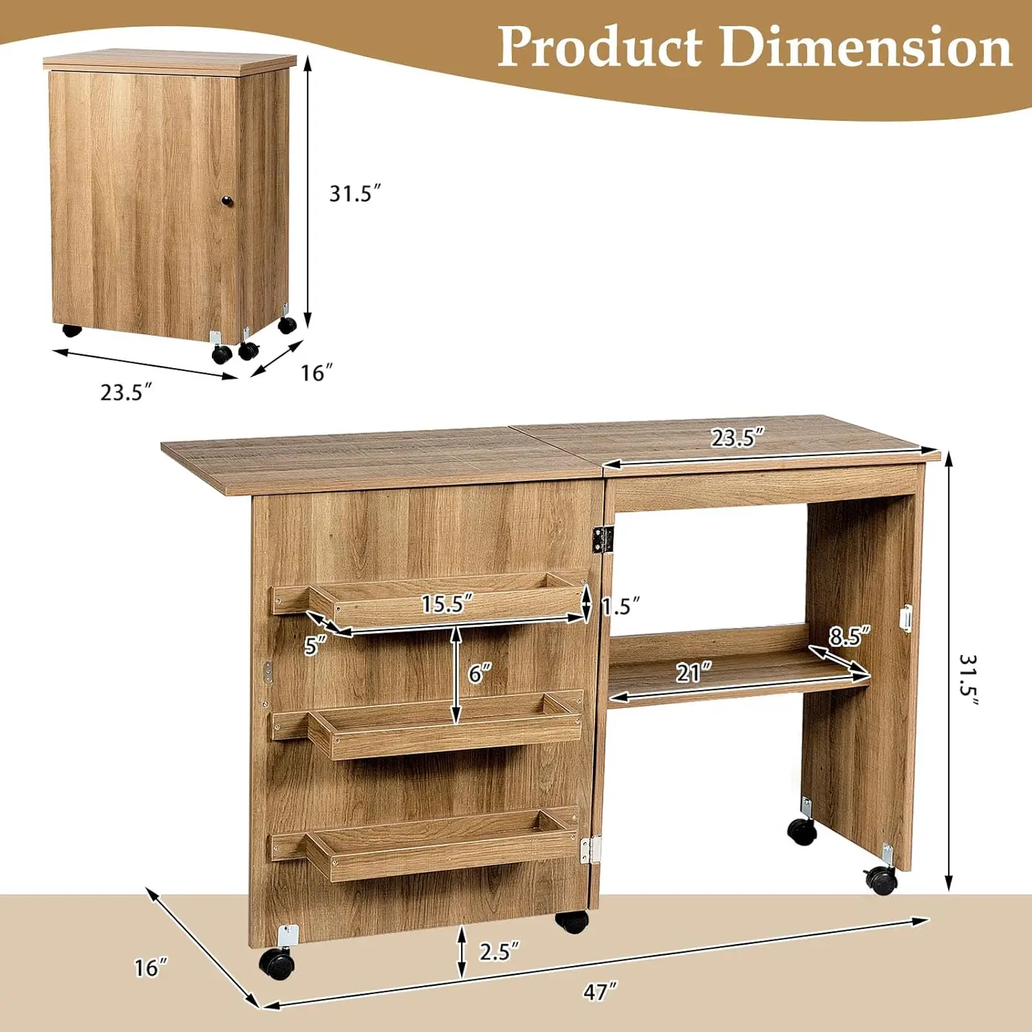 Costway Folding Sewing Table, Multipurpose Craft Station Desk, Display Cabinet With Shelves Storage, Lockable Wheels, Rolling 3