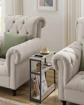 VASAGLE Slim Side Table with Charging Station, 3-Tier Narrow Bedside Table, End Table for Small Spaces, Magazine Rack