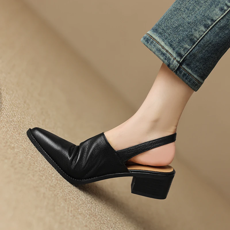 New Office Ladies Casual Women Sandals Concise Spring Summer Pointed Toe High heel Genuine Leather Slingbacks Shoes Woman