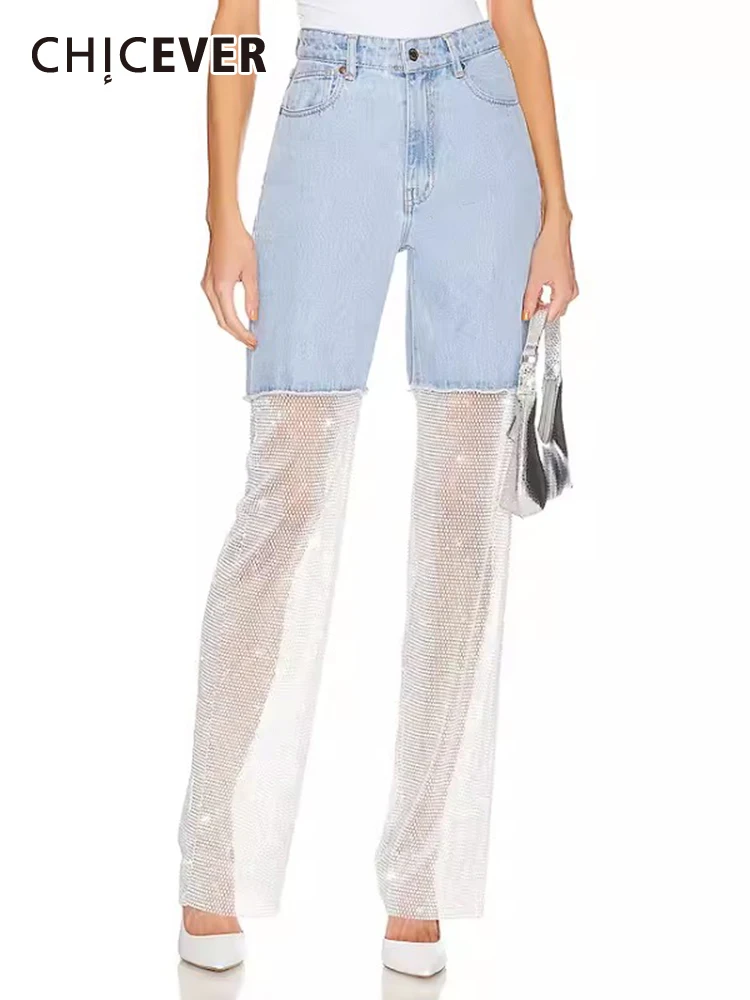 

CHICEVER Patchwork Diamonds Chic Denim Pants For Women High Waist Fashion Loose Straight Trousers Female Autumn Clothing 2023