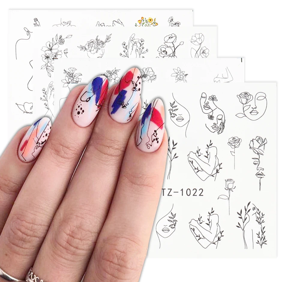 Nail Decals Nail Stickers Nail Art Decoration Abstract Lady Face Nail Decals Water Black Leaf Sliders Paper Nail Art Decor Gel Polish Sticker Manicure Foils