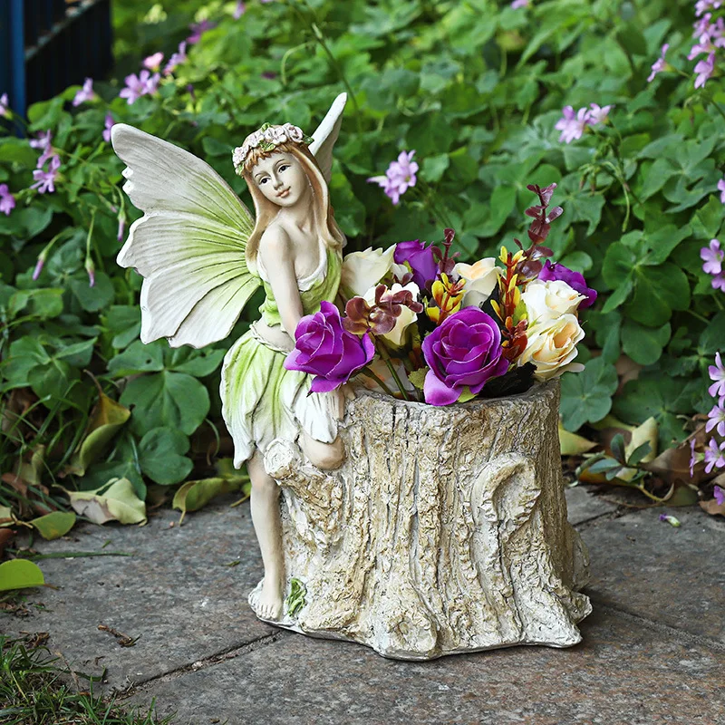 

New Outdoor Garden Landscape Flower Pot Elf European Vintage Statue Home Villa Decoration Resin Crafts Creative Angel Flower Jar