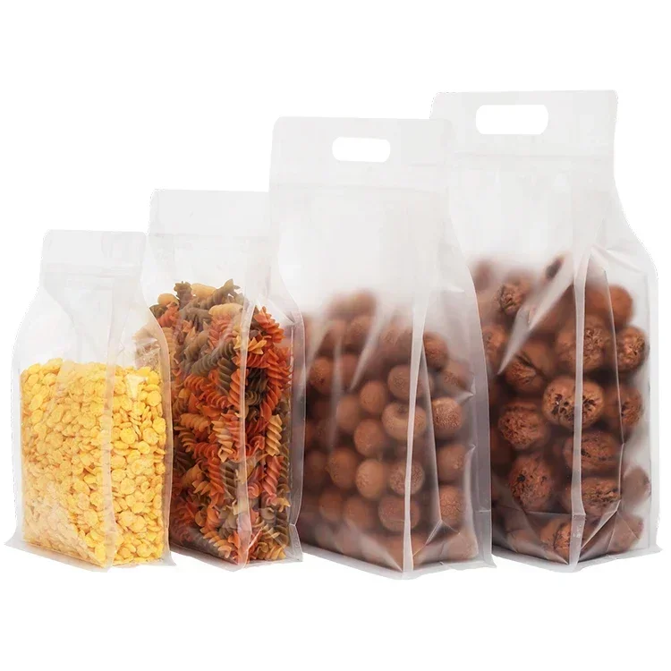 50pcs 식품 포장 지 플락 가방 투명 서리로 덥은 핸들 스탠드 캔디 너트 보관 재사용 가능한 주머니에 대 한 봉인