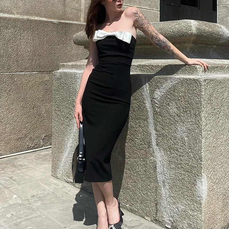 

Black Dresses For Women 2024 Three-dimensional Bow Midi Dresses Sleeveless Wedding Guest Female Party Sundresses Vestidos