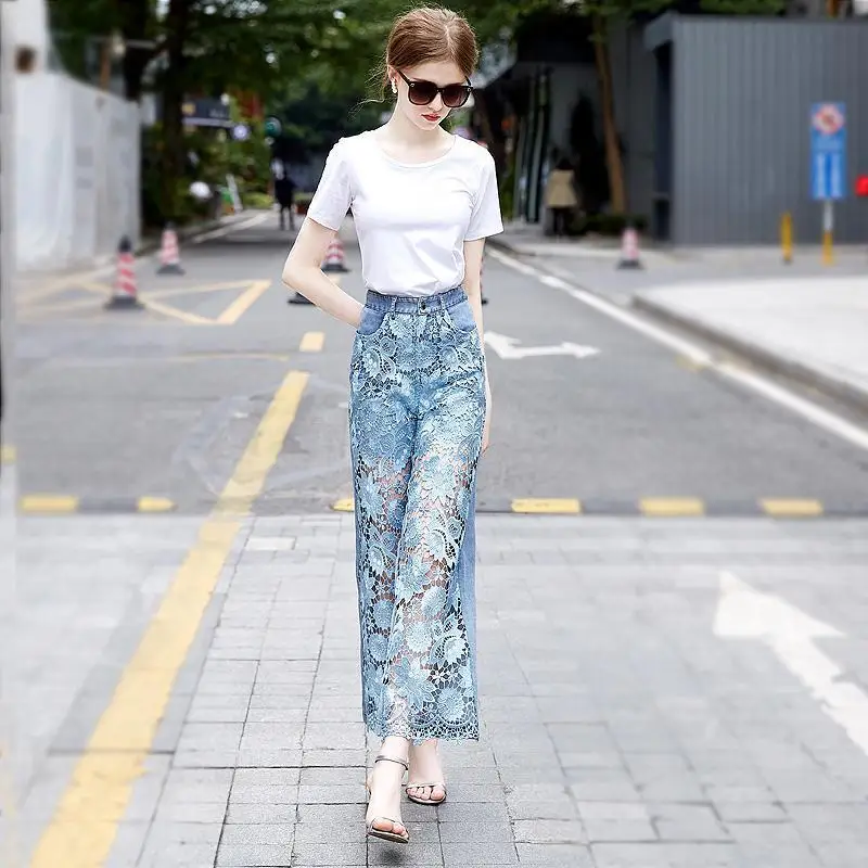 Summer New Fashion Versatile Hollow Out Lace Panel Wide Leg Jeans Women Button Zipper Pocket Casual Thin Loose Straight Pants