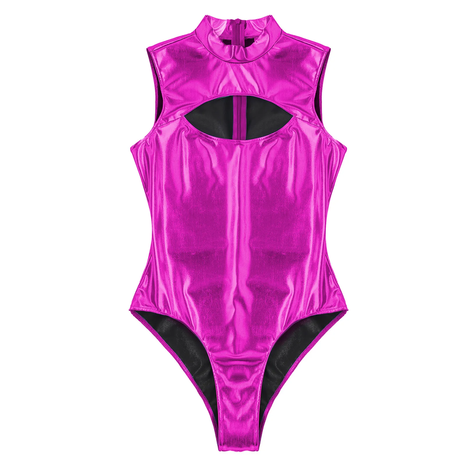 Mens Metallic Bodysuit Front Cutout Mock Neck Sleeveless Zipper Leotard Jumpsuit for Man Bar Clubbing Pool Party Clubwear