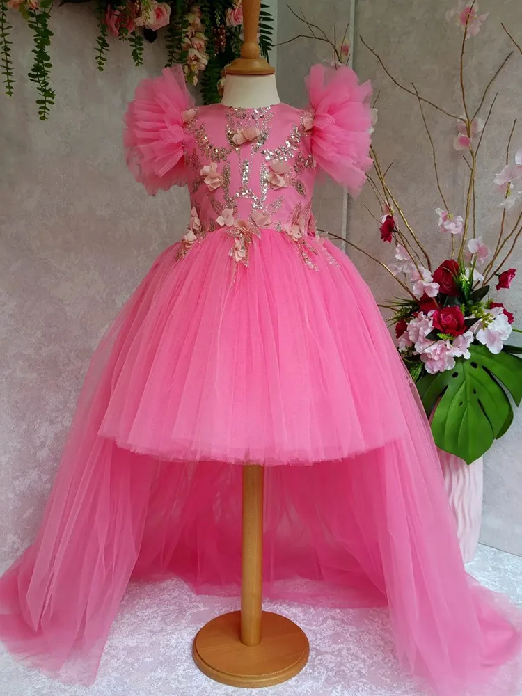 

Платье для девочки с блестками и цветочным принтом, пышное платье из тюля с круглым вырезом и розовыми розами для детей на день рождения, для первого причастия, бальные платья принцессы, 2024