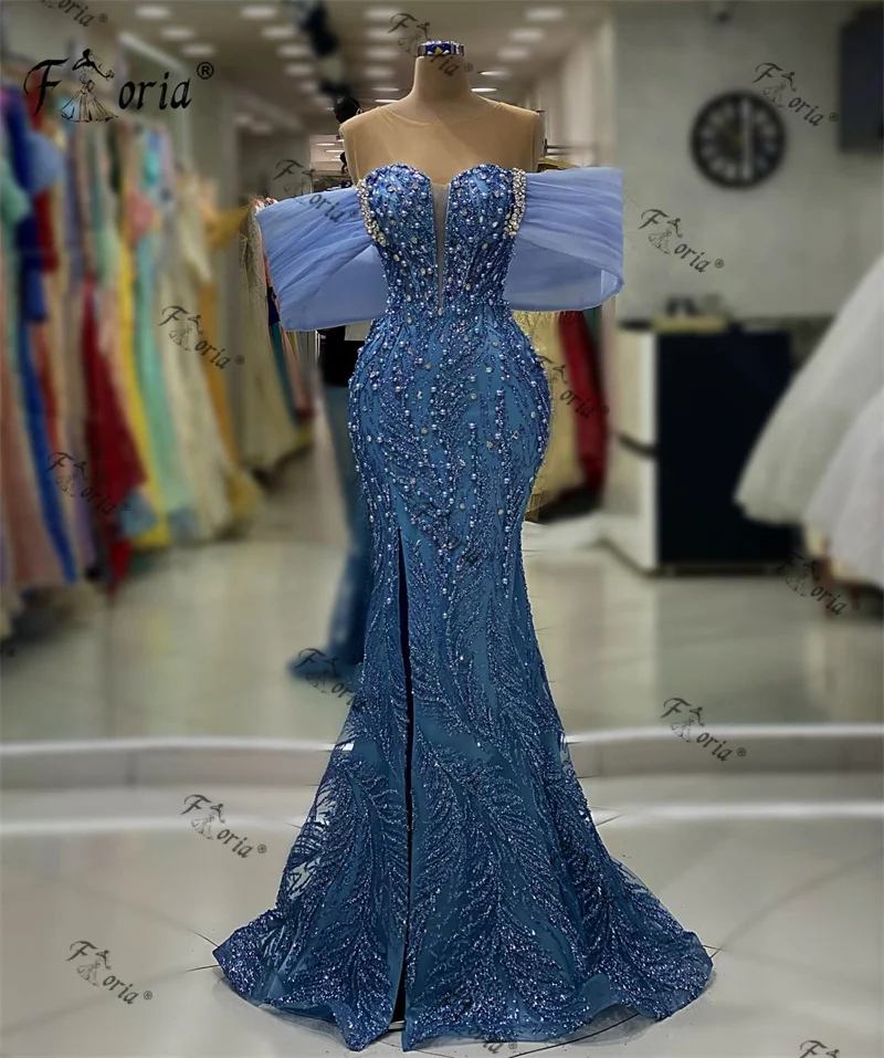 

Elegant Blue Pearls Mermaid Evening Dresses Off the Shoulder Slit Beaded Prom Party Dress vestidos de ocasión formales Weddings