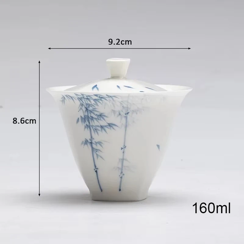 160ml Jade Clay White Porcelain Hand-painted Blue and White Bamboo Gaiwan Chinese Style Simple Tea Making Bowl