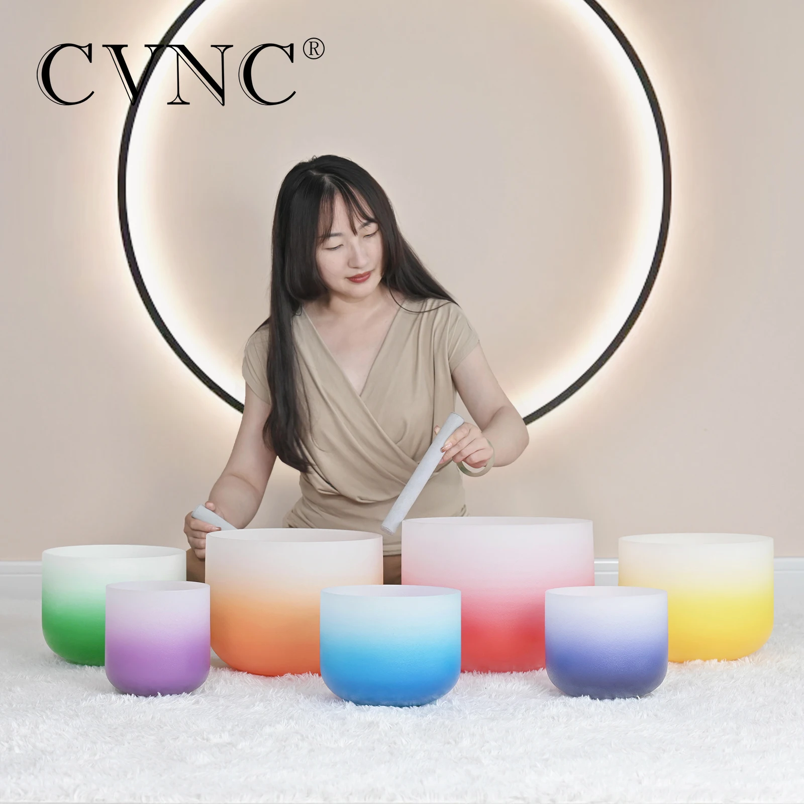 CVNC 6-12" Half Color Aria Gradient Design Frosted Quartz Crystal Singing Bowl Chakra set 7pcs for Sound Healing with Bags